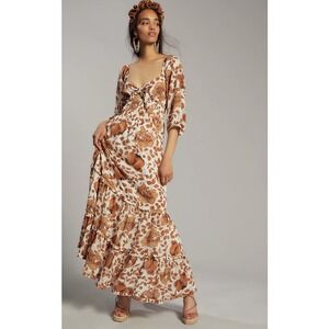 Anthropologie Dress White Tan Floral Cutout Tiered Puff Sleeve Smocked Maxi Sz S
